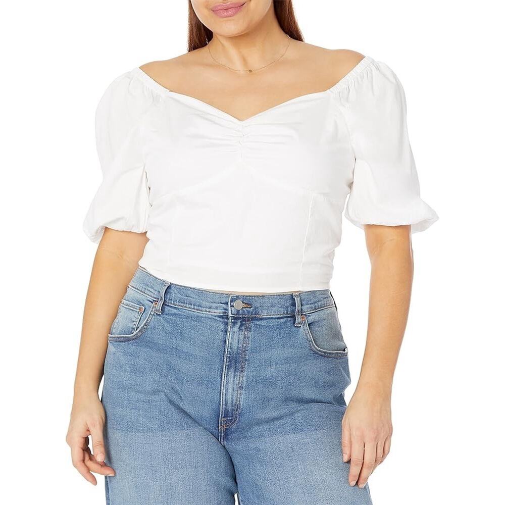 THE DROP Annie Sweetheart Puff Sleeve Smocked Back Top White 2XL Plus Size NWT - Picture 3 of 8